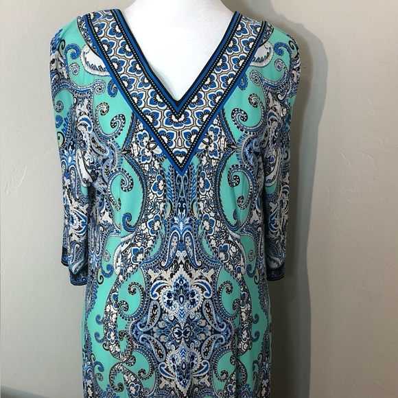 Paisley Shift Dress 3/4 Sleeve Teal Blue Stretch V Neck SZ S/M Party Formal - Picture 1 of 13